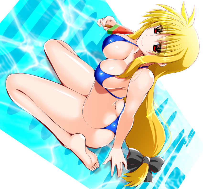 1girl bangs bare_arms bare_legs barefoot bikini black_bow black_hair blue_bikini bow breasts butt_crack cleavage closed_mouth collarbone engo_(aquawatery) fate_testarossa food from_above hair_between_eyes hair_bow holding holding_food large_breasts long_hair low-tied_long_hair lyrical_nanoha mahou_shoujo_lyrical_nanoha_strikers popsicle red_eyes shiny shiny_hair shiny_skin sitting smile soles solo swimsuit very_long_hair wariza watermelon_bar