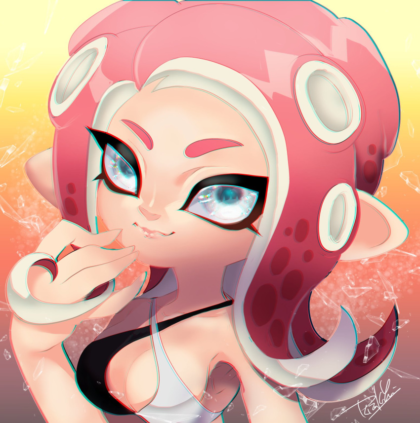 1girl breasts broken_glass chromatic_aberration cleavage closed_mouth collarbone criss-cross_halter glass gradient gradient_background halterneck hand_up highres isamu-ki_(yuuki) long_hair looking_at_viewer medium_breasts octoling octoling_girl pink_lips red_hair smile solo splatoon_(series) suction_cups tentacle_hair upper_body white_eyes