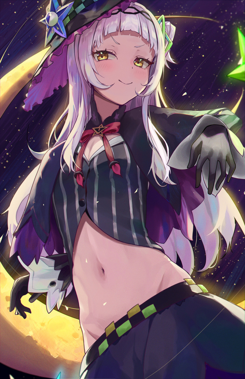 1girl absurdres bangs black_gloves blunt_bangs blush bow breasts capelet cleavage commentary_request cowboy_shot crescent_moon crop_top eyelashes frilled_headwear gloves hair_bun hair_ornament hairband hat hexagram_hair_ornament highres hololive light_purple_hair long_hair looking_at_viewer midriff moon murasaki_shion navel nayuyu1105 night night_sky one_side_up pinstripe_pattern pinstripe_shirt purple_capelet purple_skirt red_bow shadow shirt short_eyebrows sidelocks single_side_bun skirt sky small_breasts smile solo star_(sky) starry_sky striped striped_shirt tilted_headwear vertical-striped_shirt vertical_stripes virtual_youtuber witch_hat yellow_eyes
