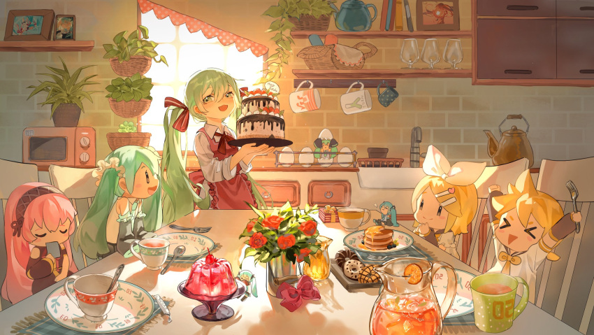 &gt;_&lt; 1boy 6+girls =3 apron aqua_hair birthday black_sleeves blonde_hair book bouquet bow cabinet cake card chair chi_chi3939 chibi closed_eyes covering_mouth cup dessert detached_sleeves doughnut drinking_glass faucet flower food fork frilled_apron frills green_hair hair_bow hair_ornament hair_ribbon hairband hairclip hatsune_miku highres holding holding_cake holding_card holding_food holding_fork holding_tray house indoors jelly kagamine_len kagamine_rin kettle kitchen layer_cake leaning_forward long_hair megurine_luka minigirl mug multiple_girls multiple_persona necktie outstretched_arms pancake pancake_stack picture_(object) pink_hair pitcher plant plate potted_plant red_apron red_flower red_ribbon ribbon shelf shirt sleeves_past_fingers sleeves_past_wrists smile solid_oval_eyes spiked_hair spoon spring_onion_print steam table toaster_oven tray triangle_mouth twintails very_long_hair vocaloid white_bow white_shirt wicker_basket window wine_glass yellow_necktie