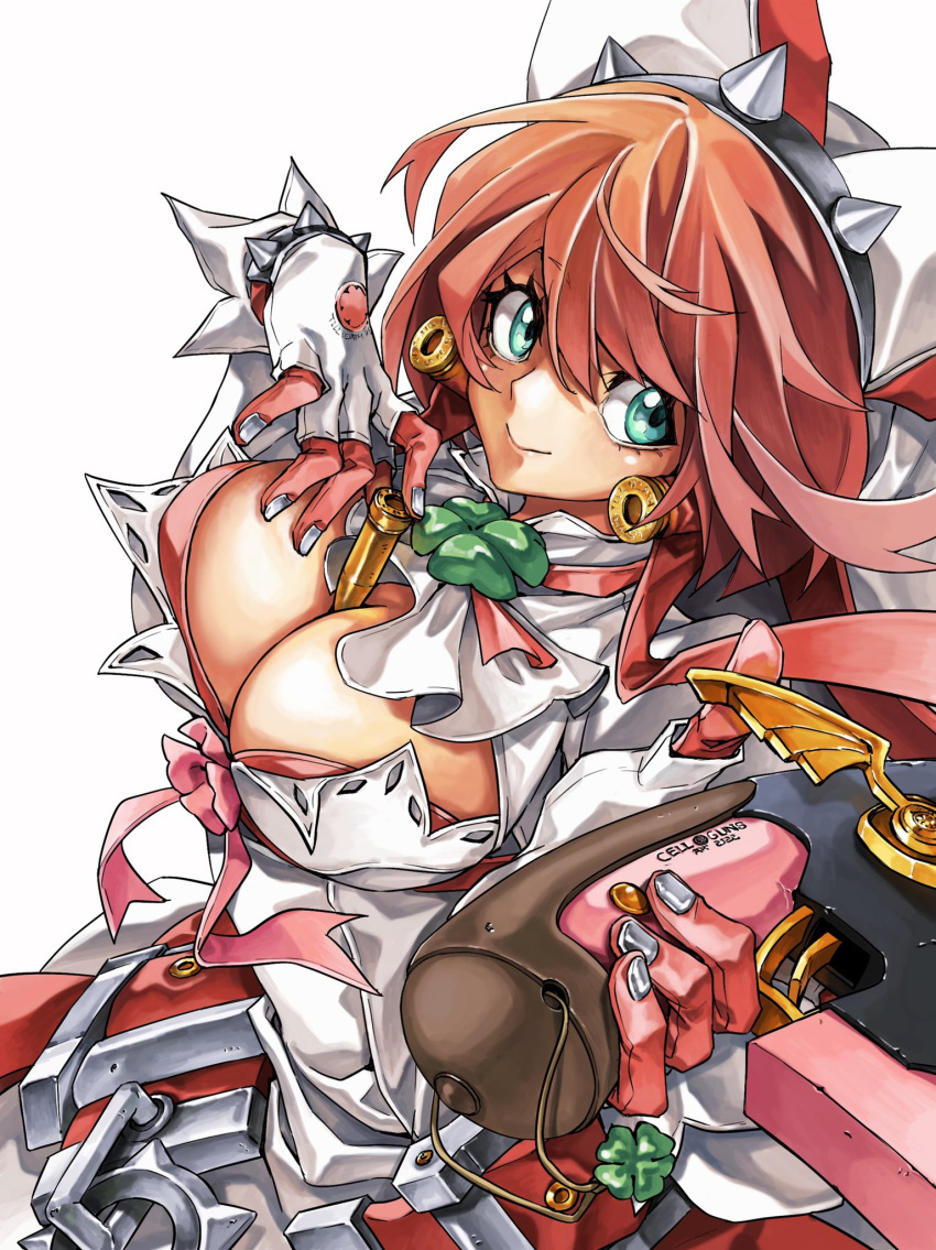 1girl ahoge animal_ears aqua_eyes artist_name back belt between_breasts bracelet breasts bridal_veil bullet cleavage clover dong_hole dress earrings elphelt_valentine english_text fake_animal_ears fingerless_gloves four-leaf_clover gloves guilty_gear guilty_gear_xrd gun hairband handgun highres holding holding_gun holding_weapon huge_ahoge jewelry large_breasts looking_at_viewer looking_to_the_side pink_hair shaded_face short_hair simple_background smile solo spiked_bracelet spikes veil weapon white_background white_dress white_gloves