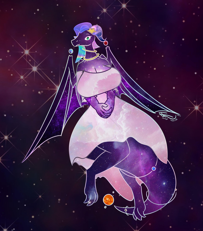2019 absurd_res anthro big_breasts blue_eyes breasts clothed clothing colored cosmic_background cosmic_flesh cosmic_hair detailed_background digital_drawing_(artwork) digital_media_(artwork) digitigrade dragon dress ethereal_hair female hands_together hi_res jewelry keinga line_art looking_at_viewer neck_ring planet scalie signature solo star thick_tail wings