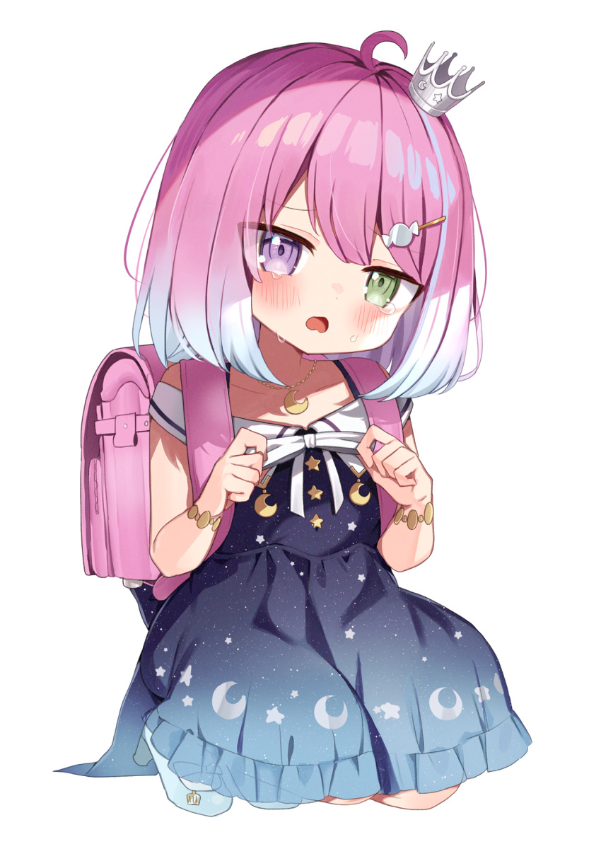 1girl aged_down ahoge backpack bag bangs blue_dress blue_hair blush bracelet candy_hair_ornament crown dress food-themed_hair_ornament gradient_hair green_eyes hair_ornament heterochromia high_heels highres himemori_luna hololive jewelry looking_at_viewer medium_hair mini_crown multicolored_hair noi_mine open_mouth pink_hair print_dress purple_eyes simple_background solo starry_sky_print virtual_youtuber white_background