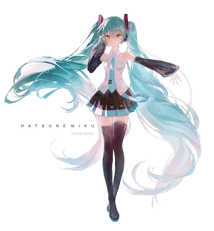 1girl absurdly_long_hair absurdres bangs black_footwear black_skirt black_sleeves blue_eyes blue_hair blue_necktie blue_skirt boots character_name closed_mouth collared_shirt copyright_name detached_sleeves dress_shirt floating_hair full_body hair_between_eyes hand_in_own_hair hatsune_miku hatsune_miku_(vocaloid3) highres long_hair long_sleeves looking_at_viewer miniskirt necktie pleated_skirt shiny shiny_hair shirt skirt sleeveless sleeveless_shirt smile solo standing thigh_boots two-tone_skirt very_long_hair vocaloid white_shirt wing_collar wnmuwnmu zettai_ryouiki