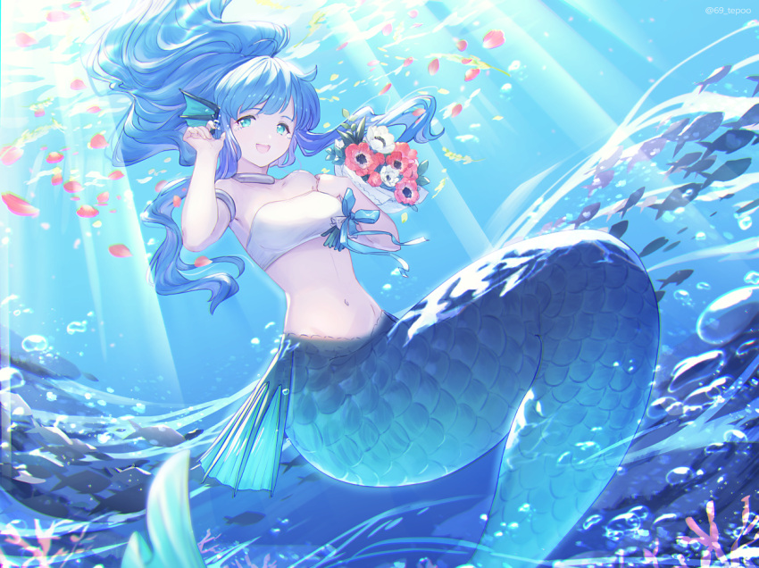 1girl artist_request blue_eyes blue_hair blue_ribbon fins fish flower groin happy head_fins kneeless_mermaid long_hair mermaid midriff monster_girl navel open_mouth ponytail puyopuyo ribbon serilly_(puyopuyo) sitting solo stomach strapless tube_top underwater very_long_hair wavy_hair white_tube_top