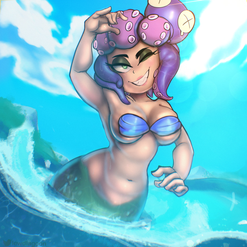 absurd_res big_breasts bra breasts cala_maria clothing cuphead_(game) dancing female green_eyes hi_res huge_filesize humanoid lewdlagoon lidded_eyes looking_at_viewer marine merfolk monstrous_humanoid one_eye_closed pinup pose sea sharp_teeth slightly_chubby smile smiling_at_viewer smirk solo split_form teeth underwear video_games water watermark wave wet wet_body wide_hips wink winking_at_viewer