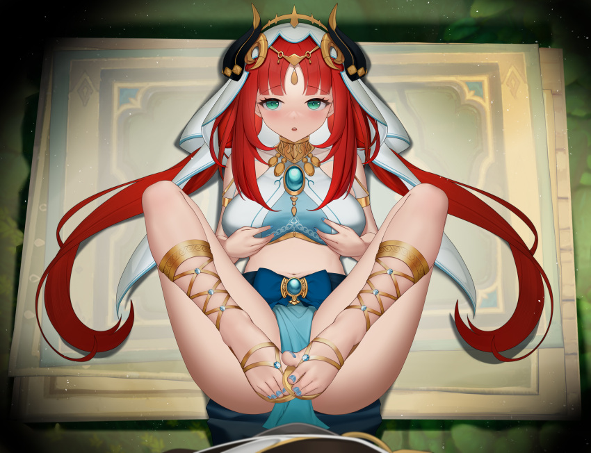 1girl absurdres armlet bangs blue_eyes blue_skirt blush bracer breast_hold breasts brooch genshin_impact hair_ornament harem_outfit highres horns jewelry large_breasts legs long_hair long_sleeves looking_to_the_side neck_ring nilou_(genshin_impact) open_mouth puffy_long_sleeves puffy_sleeves red_hair sash sidelocks skirt solo terebi_(shimizu1996) toes veil