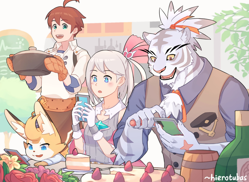 +_+ 1girl 3boys :3 ahoge alk_(world_flipper) animal_ear_fluff animal_hands animal_nose apron artist_name bangs bare_shoulders blue_eyes blue_shirt blush body_fur bottle breast_pocket breasts brooch brown_apron brown_hair brown_vest buttons cake cake_slice cellphone colored_sclera colored_tips commentary cooking cooking_pot cup facial_mark flower food fruit furry furry_male gloves green_eyes grey_fur grey_hair grey_shirt hair_ribbon hands_up happy hierotubas highres holding holding_cooking_pot holding_phone indoors jewelry kitchen light_(world_flipper) long_sleeves looking_at_phone looking_down mug multicolored_eyes multicolored_fur multicolored_hair multiple_boys nimbus_(world_flipper) official_alternate_costume one_side_up open_mouth orange_eyes orange_flower orange_gloves oven_mitts pawpads phone pink_flower pocket purple_eyes red_flower red_ribbon red_rose ribbon rose scar scar_on_hand sharp_teeth shiny shiny_hair shirt short_hair short_sleeves sidelocks signature sleeveless sleeveless_shirt sleeves_rolled_up small_breasts smartphone smile standing stella_(world_flipper) strawberry striped_fur swept_bangs tankard teeth textless_version topknot tree two-tone_hair upper_body vest waist_apron whisker_markings white_fur white_gloves white_shirt world_flipper yellow_sclera