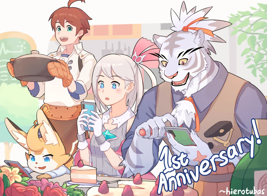 +_+ 1girl 3boys :3 ahoge alk_(world_flipper) animal_ear_fluff animal_hands animal_nose anniversary apron artist_name bangs bare_shoulders blue_eyes blue_shirt blush body_fur bottle breast_pocket breasts brooch brown_apron brown_hair brown_vest buttons cake cake_slice cellphone colored_sclera colored_tips commentary cooking cooking_pot cup english_text facial_mark flower food fruit furry furry_male gloves green_eyes grey_fur grey_hair grey_shirt hair_ribbon hands_up happy hierotubas highres holding holding_cooking_pot holding_phone indoors jewelry kitchen light_(world_flipper) long_sleeves looking_at_phone looking_down mug multicolored_eyes multicolored_fur multicolored_hair multiple_boys nimbus_(world_flipper) official_alternate_costume one_side_up open_mouth orange_eyes orange_flower orange_gloves oven_mitts pawpads phone pink_flower pocket purple_eyes red_flower red_ribbon red_rose ribbon rose scar scar_on_hand sharp_teeth shiny shiny_hair shirt short_hair short_sleeves sidelocks signature sleeveless sleeveless_shirt sleeves_rolled_up small_breasts smartphone smile standing stella_(world_flipper) strawberry striped_fur swept_bangs tankard teeth topknot tree two-tone_hair upper_body vest waist_apron whisker_markings white_fur white_gloves white_shirt world_flipper yellow_sclera