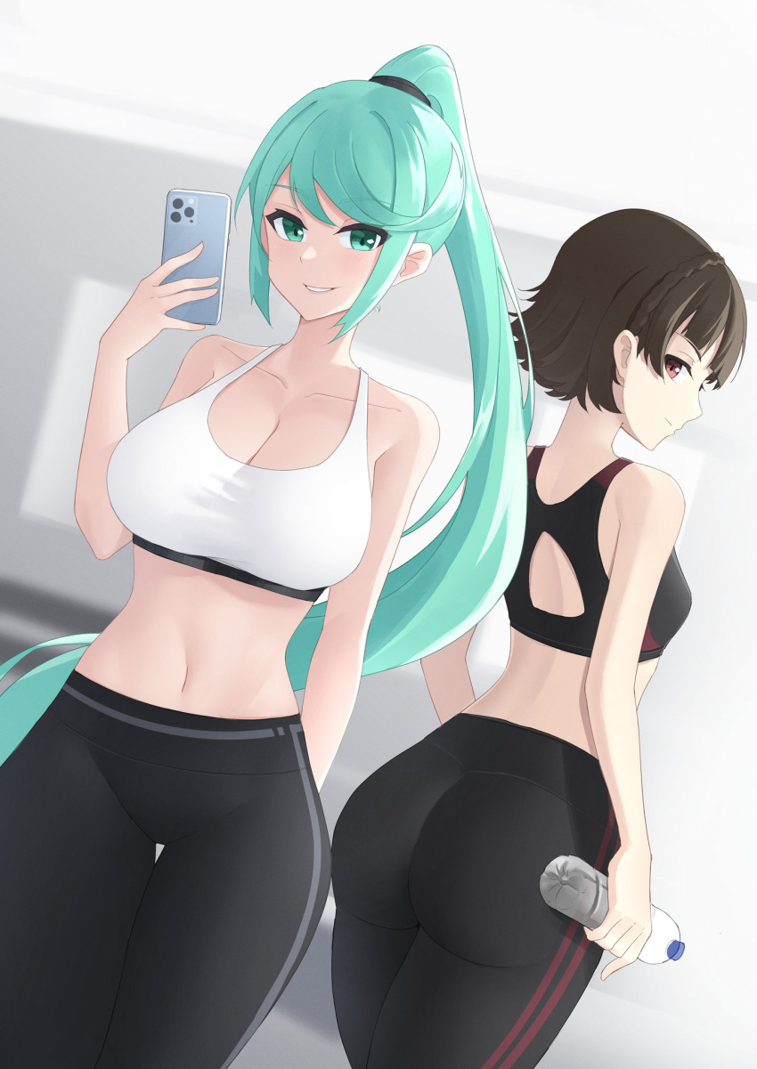 2girls alternate_costume arm_behind_back ass back black_pants black_sports_bra bottle braid breasts brown_hair cellphone cleavage closed_mouth crown_braid from_behind green_eyes green_hair grin hand_up high_ponytail highres holding holding_bottle holding_phone large_breasts long_hair looking_at_viewer looking_back midriff multiple_girls navel niijima_makoto nottme pants persona persona_5 phone pneuma_(xenoblade) red_eyes selfie short_hair small_breasts smartphone smile sports_bra sportswear stomach thigh_gap very_long_hair water_bottle white_sports_bra xenoblade_chronicles_(series) xenoblade_chronicles_2 yoga_pants