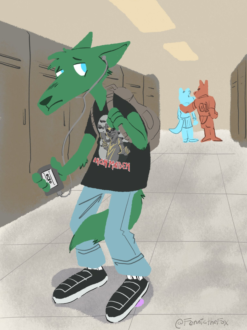 2022 4_fingers anthro backpack blue_eyes canid canine canis clothed clothing domestic_dog female fennicthefox fingers full-length_portrait fully_clothed fur green_body green_fur group headphones hi_res iron_maiden_(band) male mammal portrait sad signature solo_focus standing trio