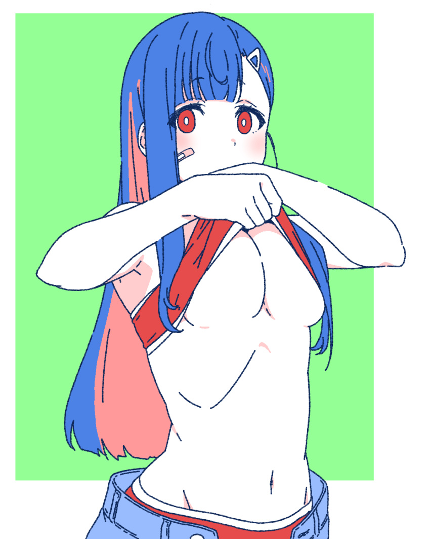 1girl bandaid bandaid_on_face bangs blue_hair blunt_bangs blush bra bra_lift breasts hair_ornament hairclip highres lifted_by_self long_hair looking_at_viewer matatabeat original panties red_bra red_eyes red_hair red_panties solo underwear