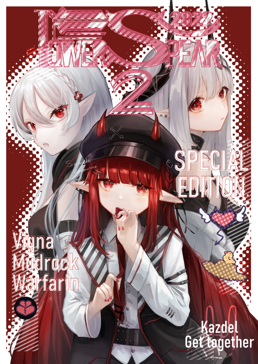 3girls absurdres arknights bare_shoulders belt black_belt black_headwear black_jacket breasts cabbie_hat character_name collared_shirt commentary_request cover cover_page diagonal_stripes dress_shirt grey_hair hand_up hat hemorina highres horns horns_through_headwear jacket long_sleeves looking_at_viewer looking_to_the_side medium_breasts mudrock_(arknights) multiple_girls nail_polish necktie off_shoulder open_clothes open_jacket red_eyes red_hair red_nails red_necktie shirt striped tie_clip vigna_(arknights) warfarin_(arknights) white_shirt