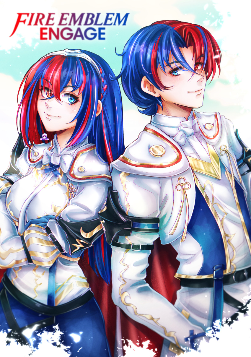 1boy 1girl absurdres alear_(fire_emblem) alear_(fire_emblem)_(female) armor bangs blue_eyes blue_hair braid breasts crossed_bangs crown_braid fire_emblem fire_emblem_engage heterochromia highres long_hair looking_at_viewer max_art149 medium_breasts multicolored_hair red_eyes red_hair short_hair smile split-color_hair two-tone_hair very_long_hair