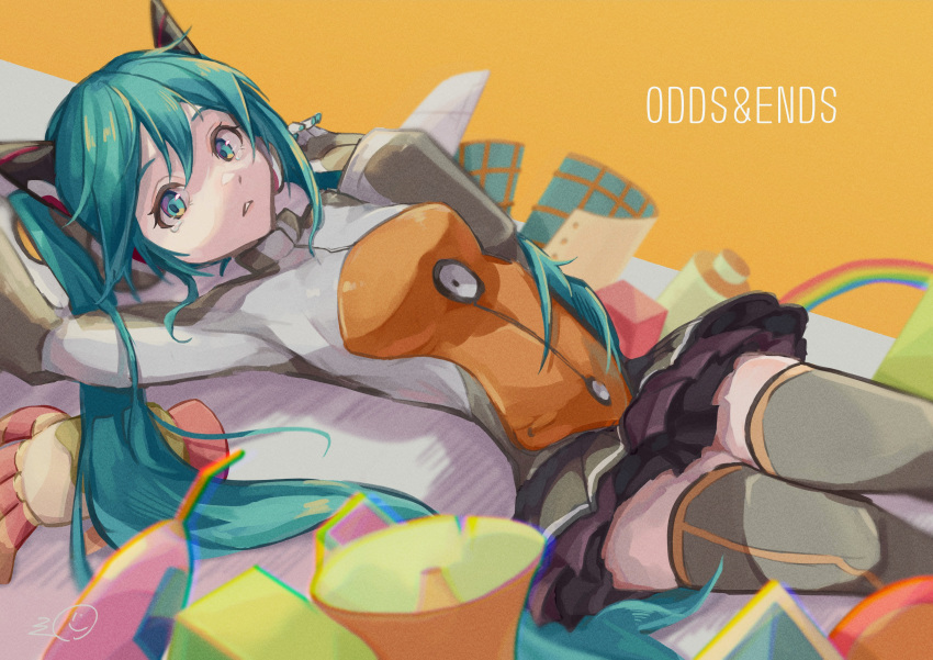 1girl absurdres aqua_eyes aqua_hair arms_up artist_logo black_skirt bodysuit commentary gloves grey_bodysuit grey_thighhighs hair_ornament hatsune_miku highres long_hair looking_at_viewer lying megaphone mikuni144 miniskirt multicolored_bodysuit multicolored_clothes odds_&amp;_ends_(vocaloid) on_back orange_background orange_bodysuit parted_lips pleated_skirt skirt solo song_name tears thighhighs twintails very_long_hair vocaloid zettai_ryouiki