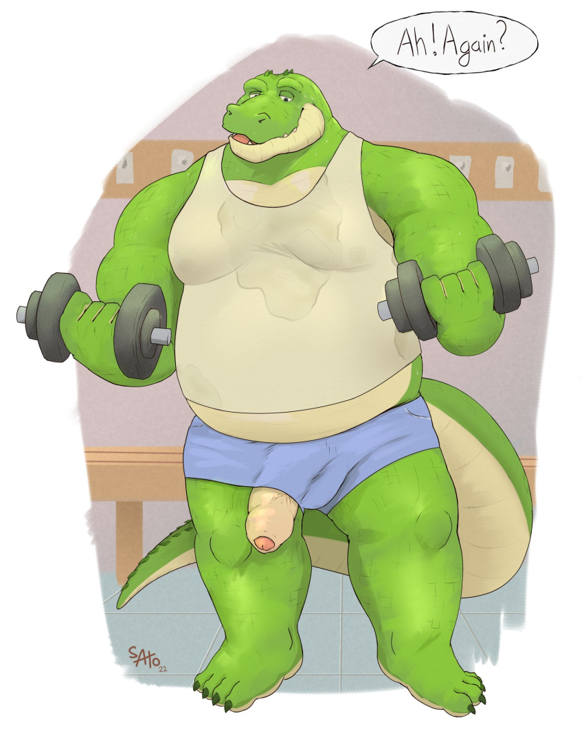 2022 alligator alligatorid anthro bodily_fluids bottomwear clothing crocodilian dialogue english_text exercise genitals green_body hi_res humanoid_genitalia humanoid_hands humanoid_penis male overweight overweight_male penis reptile sato_afroleone scalie shirt shorts solo sweat text topwear workout