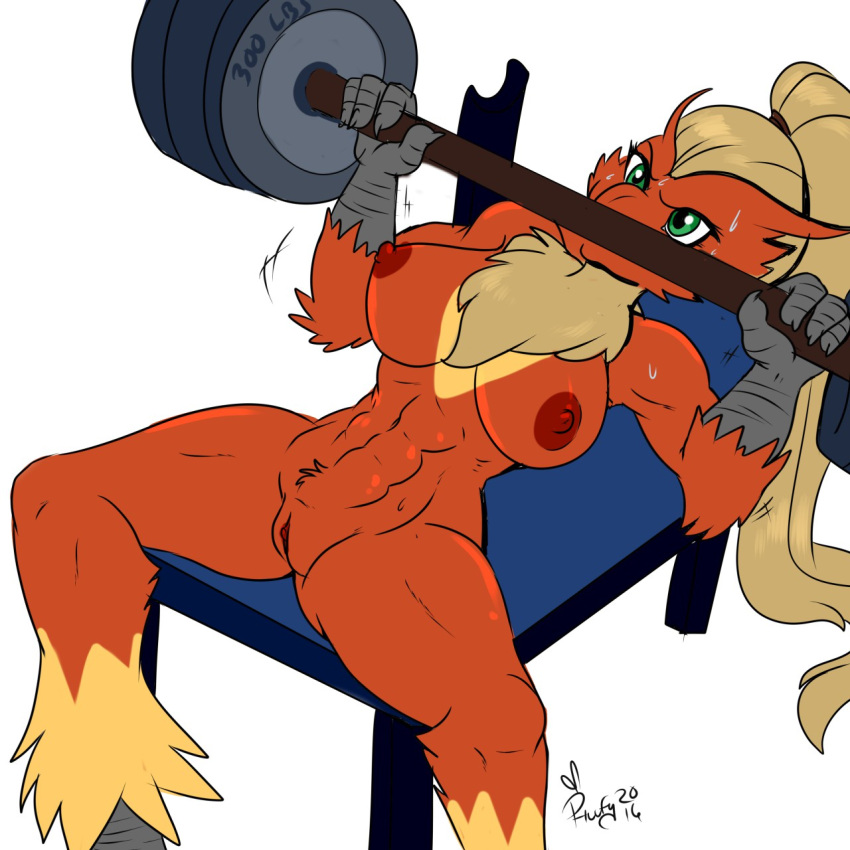 1:1 2016 4_fingers abs anthro athletic athletic_anthro athletic_female barbell bench_press blaziken blonde_hair bodily_fluids breasts chest_tuft digital_media_(artwork) exercise feathers female fingers generation_3_pokemon genitals green_eyes hair hi_res humanoid_hands lying multicolored_body multicolored_feathers muscular muscular_anthro muscular_female nintendo nipples nude on_back phuufy pokemon pokemon_(species) pokemorph ponytail pussy red_body red_feathers sandra_tucker signature simple_background solo spread_legs spreading survival_of_the_fittest sweat talons tuft two_tone_body two_tone_feathers video_games weightlifting white_background workout yellow_body yellow_feathers