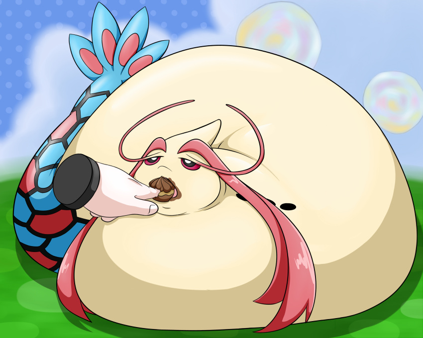 absurd_res ambiguous_gender digital_media_(artwork) disembodied_hand duo food force_feeding forced generation_3_pokemon grandpaced hair hi_res limbless long_body looking_pleasured messy milotic multicolored_body narrowed_eyes nintendo obese open_mouth overweight pok&eacute;_puff pokemon pokemon_(species) red_eyes scales solo_focus video_games weight_gain