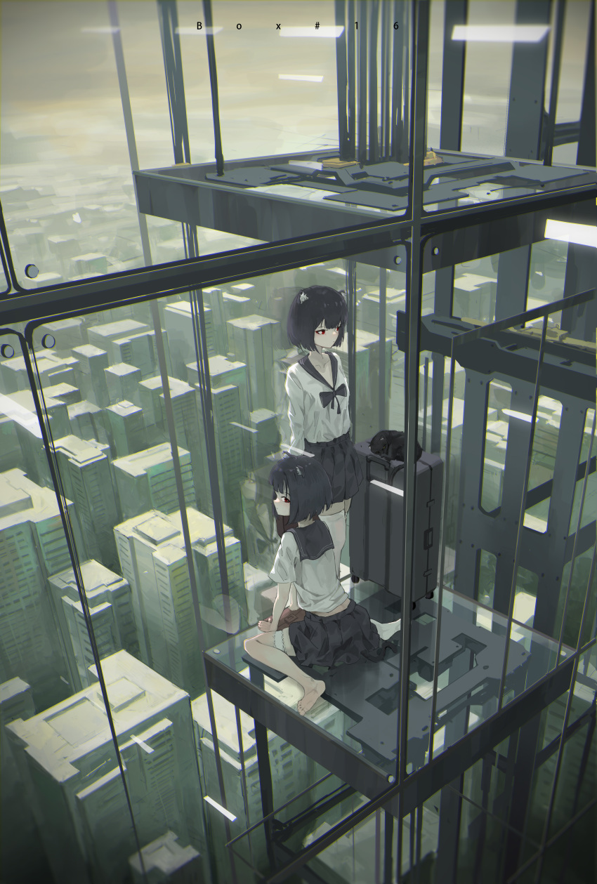 2girls absurdres animal_ears barefoot black_hair bob_cut building cat cat_ears city elevator highres miniskirt multiple_girls original red_eyes rolling_suitcase rotarran scenery school_uniform serafuku short_hair sitting skirt skyscraper standing suitcase window