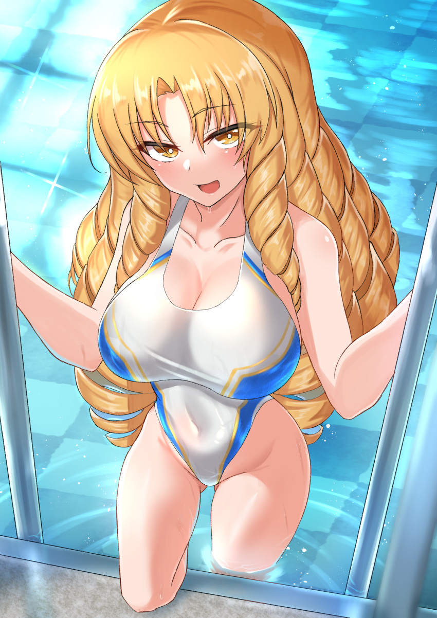 1girl bangs bare_shoulders blonde_hair blush breasts brown_eyes cleavage collarbone covered_navel coyomin drill_hair fate/kaleid_liner_prisma_illya fate_(series) highleg highleg_swimsuit highres large_breasts long_hair looking_at_viewer luviagelita_edelfelt one-piece_swimsuit open_mouth parted_bangs pool poolside quad_drills smile solo swimsuit thighs very_long_hair wet white_one-piece_swimsuit