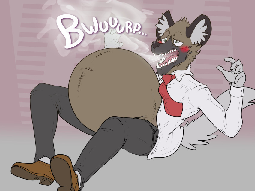 2021 aggressive_retsuko anthro belly big_belly black_body black_fur black_spots blush brown_body brown_fur burping business_suit clothing ear_tuft eggo21 fangs footwear fur grey_body grey_fur haida hi_res hyaenid male mammal navel necktie open_mouth overweight sanrio shoes solo spots spotted_body spotted_fur spotted_hyena suit tuft unbuttoned_pants unbuttoned_shirt unzipped unzipped_pants