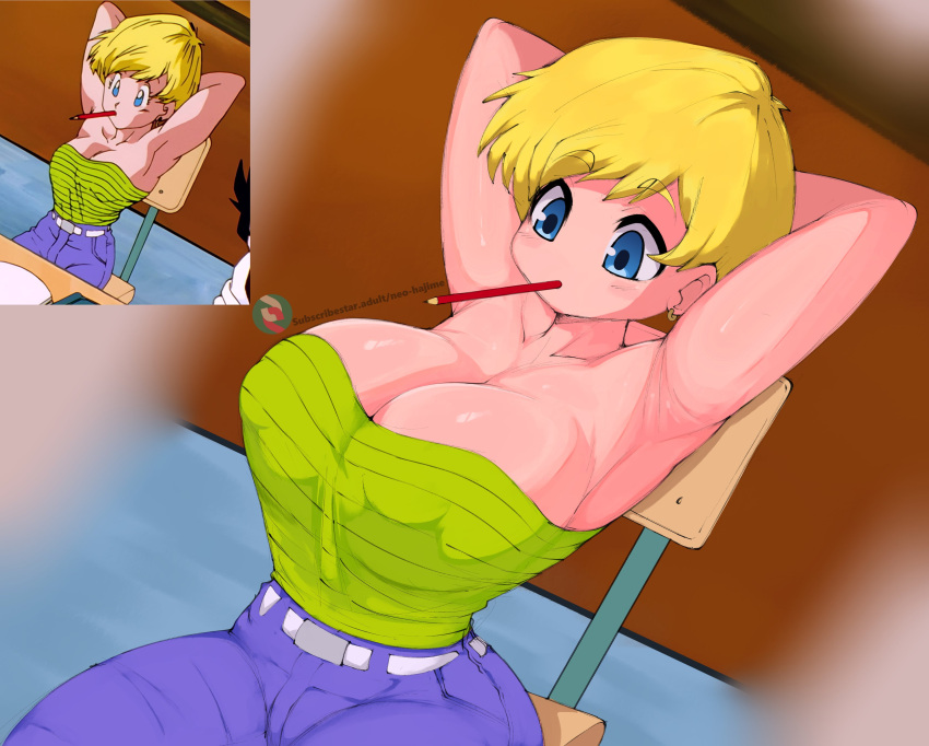 1girl absurdres animal_ears armpits arms_behind_head belt blonde_hair blue_eyes blue_pants breasts chair cleavage covered_nipples derivative_work dragon_ball dragon_ball_z green_shirt highres huge_breasts ireza mouth_hold neo_hajime pants pencil reference_inset shadow shirt shirt_tucked_in short_hair solo strapless tube_top web_address