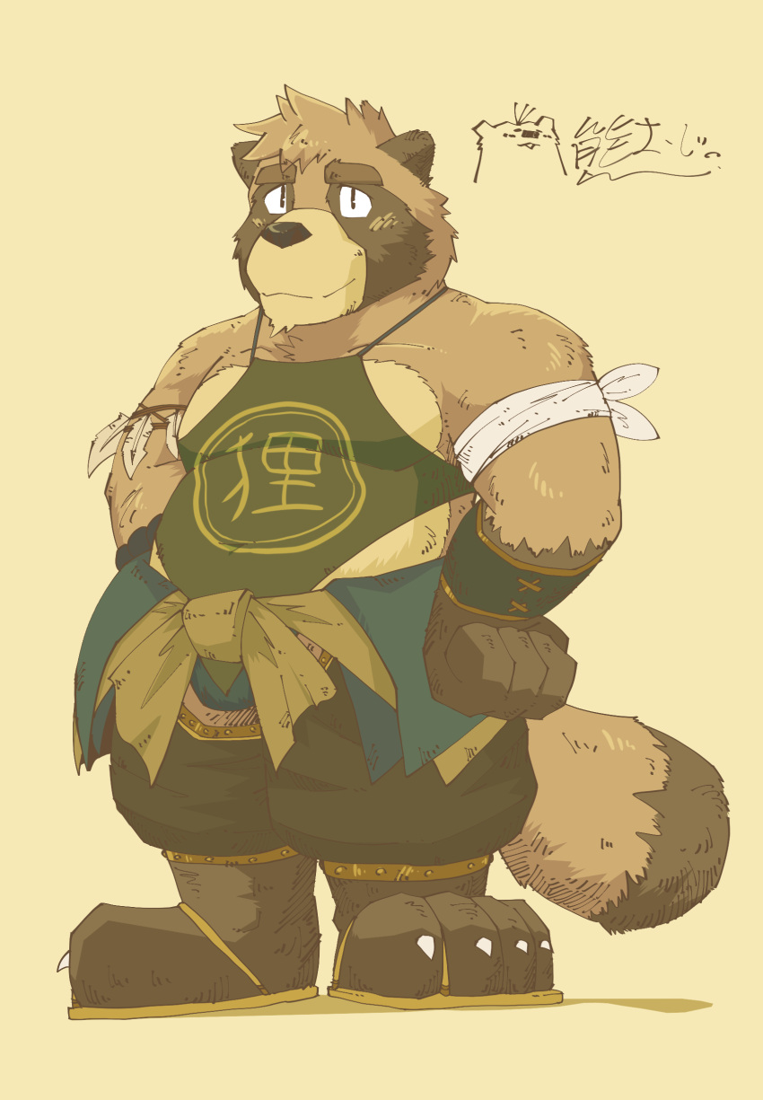 2022 absurd_res anthro brown_body canid canine clothed clothing footwear hi_res humanoid_hands kemono kumaojisan male mammal overweight overweight_male raccoon_dog sandals solo tanuki