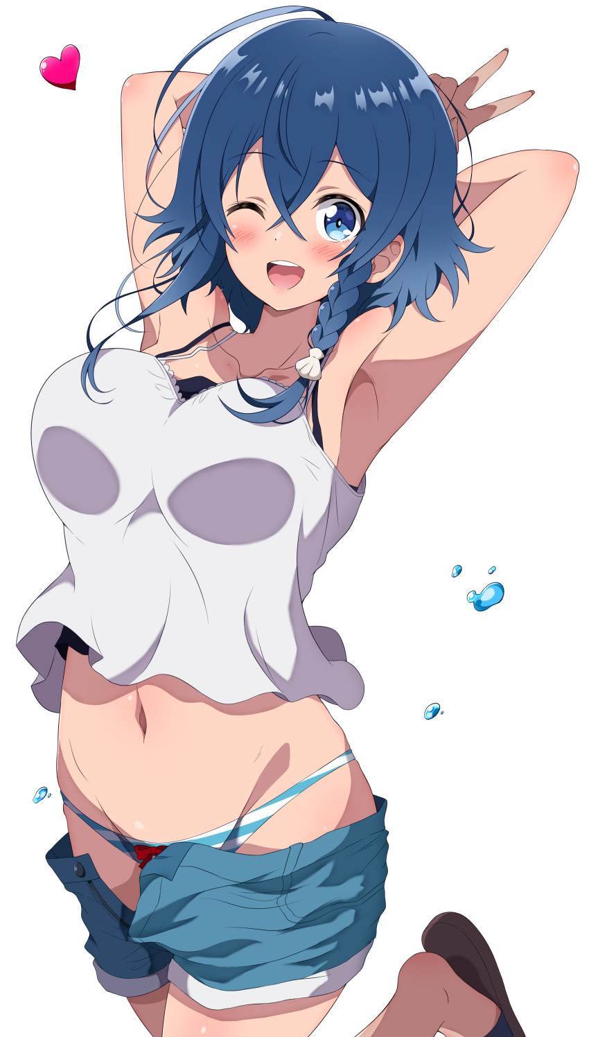 1girl :d absurdres armpits arms_up bangs blue_eyes blue_hair bow bow_panties braid breasts collarbone commentary_request crossed_bangs denim denim_shorts eggman_(pixiv28975023) flip-flops hair_between_eyes heart highres looking_at_viewer medium_breasts medium_hair misakino_kukuru navel one_eye_closed open_fly open_mouth panties revision sandals shiroi_suna_no_aquatope shorts simple_background smile solo standing standing_on_one_leg striped striped_panties tank_top unbuttoned underwear upper_body v water_drop white_background white_tank_top