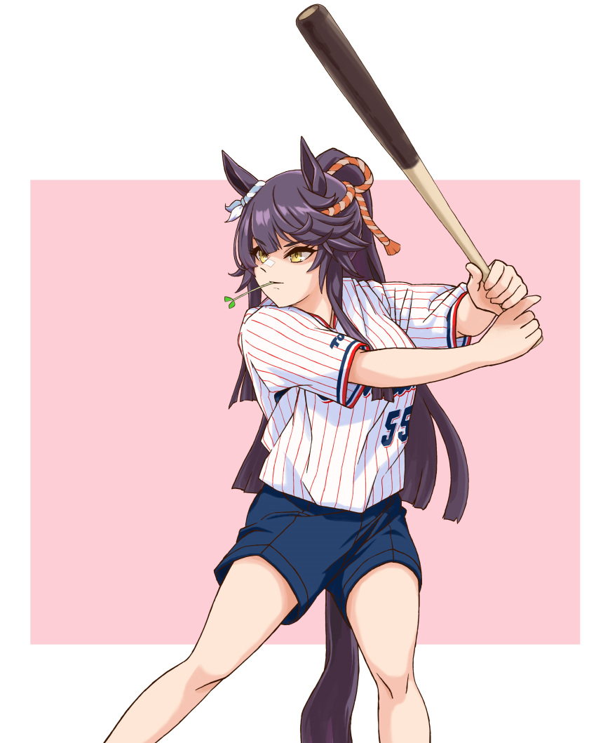 1girl absurdres animal_ears baseball baseball_bat baseball_uniform blue_shorts brown_hair ear_ornament highres holding holding_baseball_bat horse_ears horse_girl horse_tail long_hair narita_brian_(umamusume) nippon_professional_baseball shorts solo sportswear tail tori_no_teriyaki two-tone_background umamusume very_long_hair yellow_eyes