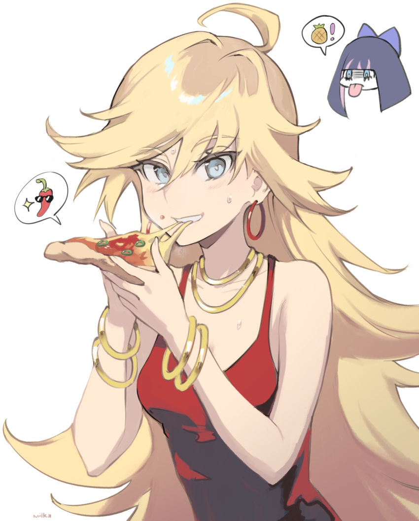 2girls ahoge bangs bare_shoulders blonde_hair blue_eyes bracelet chibi chibi_inset chili_pepper collarbone earrings eating food food_in_mouth food_on_face fruit hands_up highres holding holding_food holding_pizza hoop_earrings jewelry long_hair looking_at_viewer milka_(milk4ppl) multiple_girls necklace panty_&amp;_stocking_with_garterbelt panty_(psg) pineapple pizza pizza_slice red_shirt shirt simple_background sleeveless sleeveless_shirt smile solo_focus speech_bubble spoken_food spoken_object stocking_(psg) sweat swept_bangs tongue tongue_out upper_body white_background