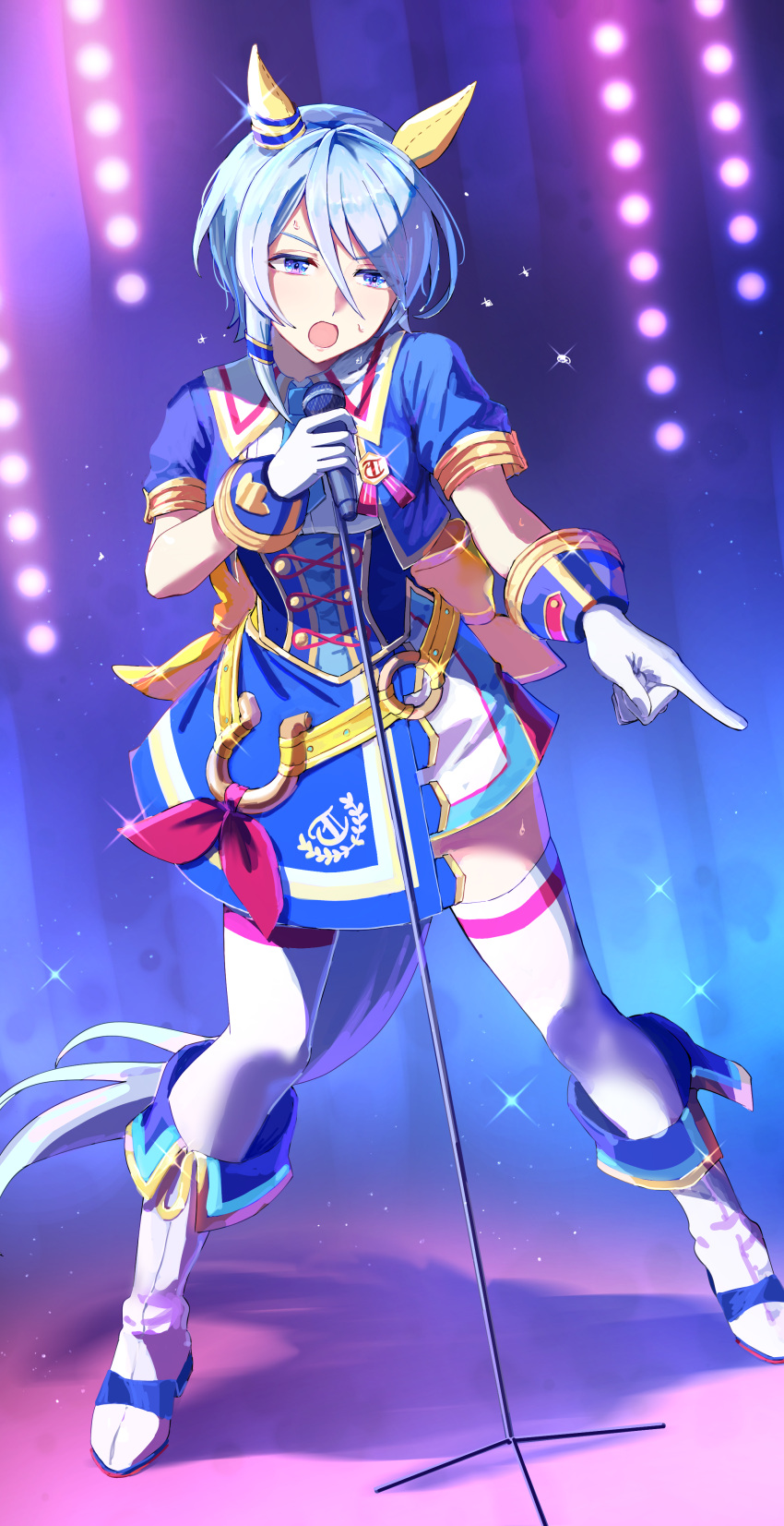 1girl absurdres animal_ears bangs blue_eyes blue_hair blue_jacket boots cropped_jacket ear_covers from_above full_body glorious_azure_costume_(umamusume) gloves hair_between_eyes highres holding holding_microphone horse_ears horse_girl horse_tail jacket k.s.miracle_(umamusume) microphone microphone_stand mismatched_ear_covers nayuta_ggg open_mouth pointing short_hair short_sleeves solo swept_bangs tail thighhighs umamusume white_footwear white_gloves white_thighhighs