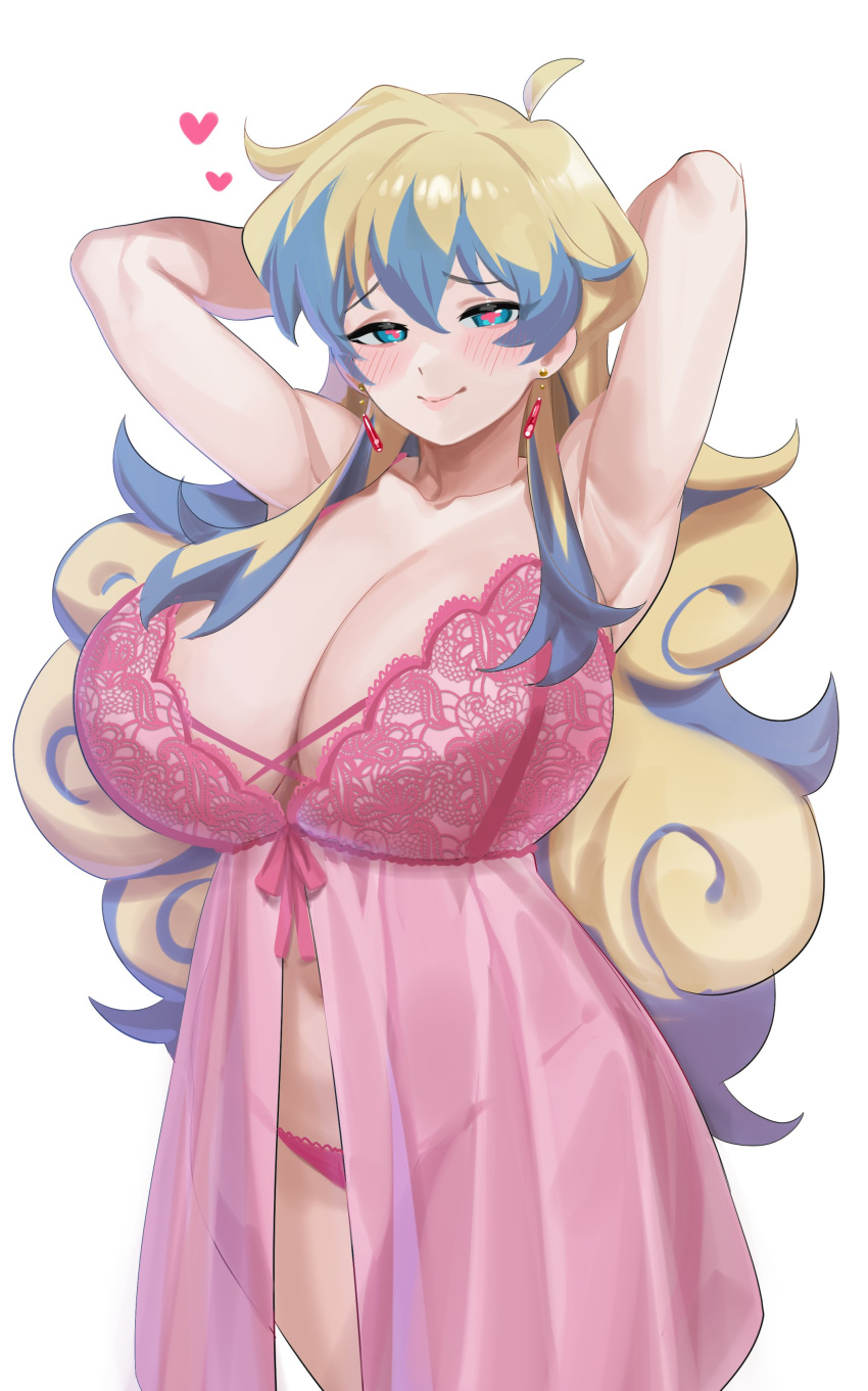 1girl absurdres alternate_breast_size armpits arms_behind_head babydoll bangs blue_eyes breasts cleavage commission cowboy_shot earrings highres huge_breasts jewelry long_hair nia_(nia4294) nia_teppelin panties pink_babydoll pink_panties pink_pupils second-party_source simple_background smile solo tengen_toppa_gurren_lagann underwear very_long_hair white_background