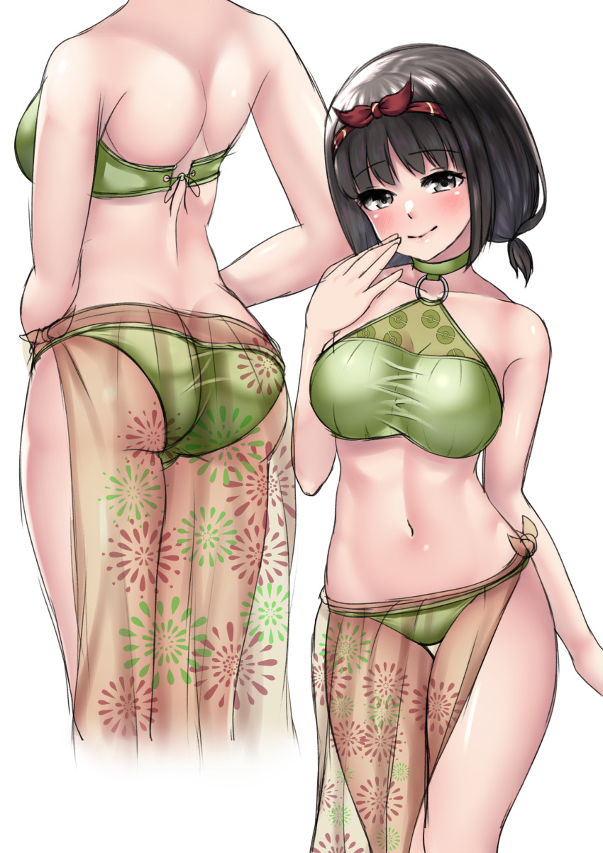 1girl alternate_costume ass back bangs bare_shoulders bikini black_hair breasts erika_(pokemon) hairband highres looking_at_viewer multiple_views navel pokemon pokemon_(game) pokemon_lgpe red_hairband short_hair signdasuyo smile solo swimsuit thighs white_background