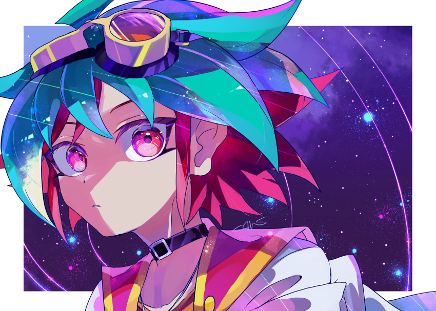 1boy bangs cosmos_mrst dyed_bangs goggles goggles_on_head green_hair hair_between_eyes highres jacket jacket_on_shoulders jewelry looking_at_viewer male_focus multicolored_hair open_clothes parted_lips pendant portrait red_eyes red_hair sakaki_yuuya short_hair solo two-tone_hair upper_body wide-eyed yu-gi-oh! yu-gi-oh!_arc-v