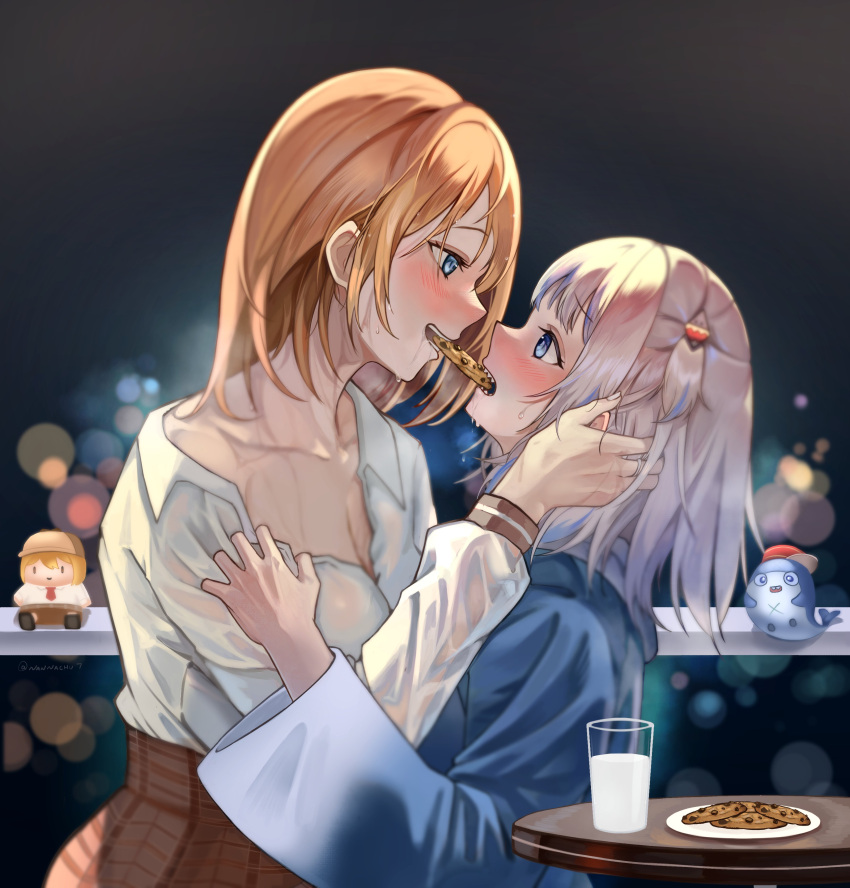 absurdres blonde_hair bloop_(gawr_gura) blue_eyes blue_hair blush breasts cleavage cookie food gawr_gura highres hololive hololive_english milk multicolored_hair multiple_girls nannachu7 shared_food shirt short_hair smol_ame streaked_hair sweat virtual_youtuber watson_amelia white_hair white_shirt yuri