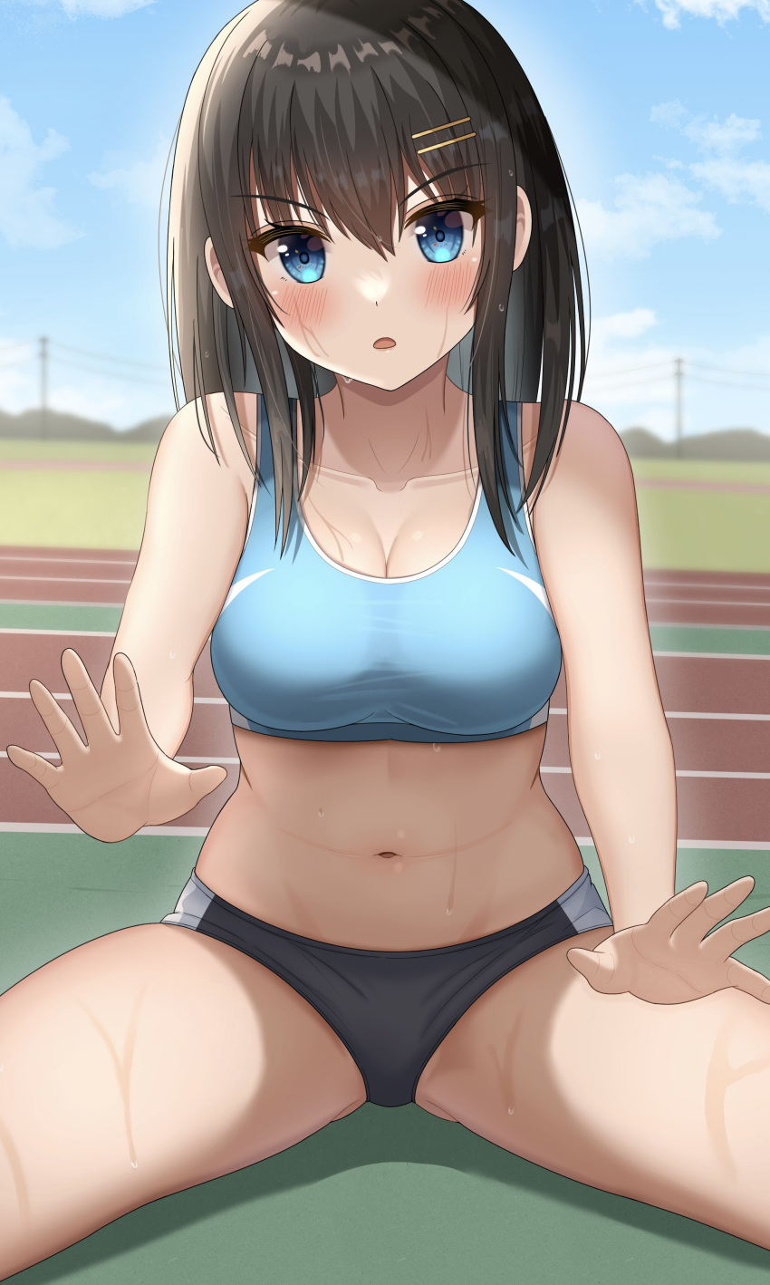 1girl absurdres bare_arms bare_shoulders black_buruma black_hair blue_eyes blue_sports_bra borrowed_character breasts buruma cleavage collarbone crop_top day hair_ornament hairclip highres hisui_(user_zvkr2432) long_hair looking_at_viewer medium_breasts midriff navel open_mouth original outdoors sitting sleeveless solo sports_bra spread_legs stomach sweat thighs track_and_field tsubasa_(kureha) v-shaped_eyebrows