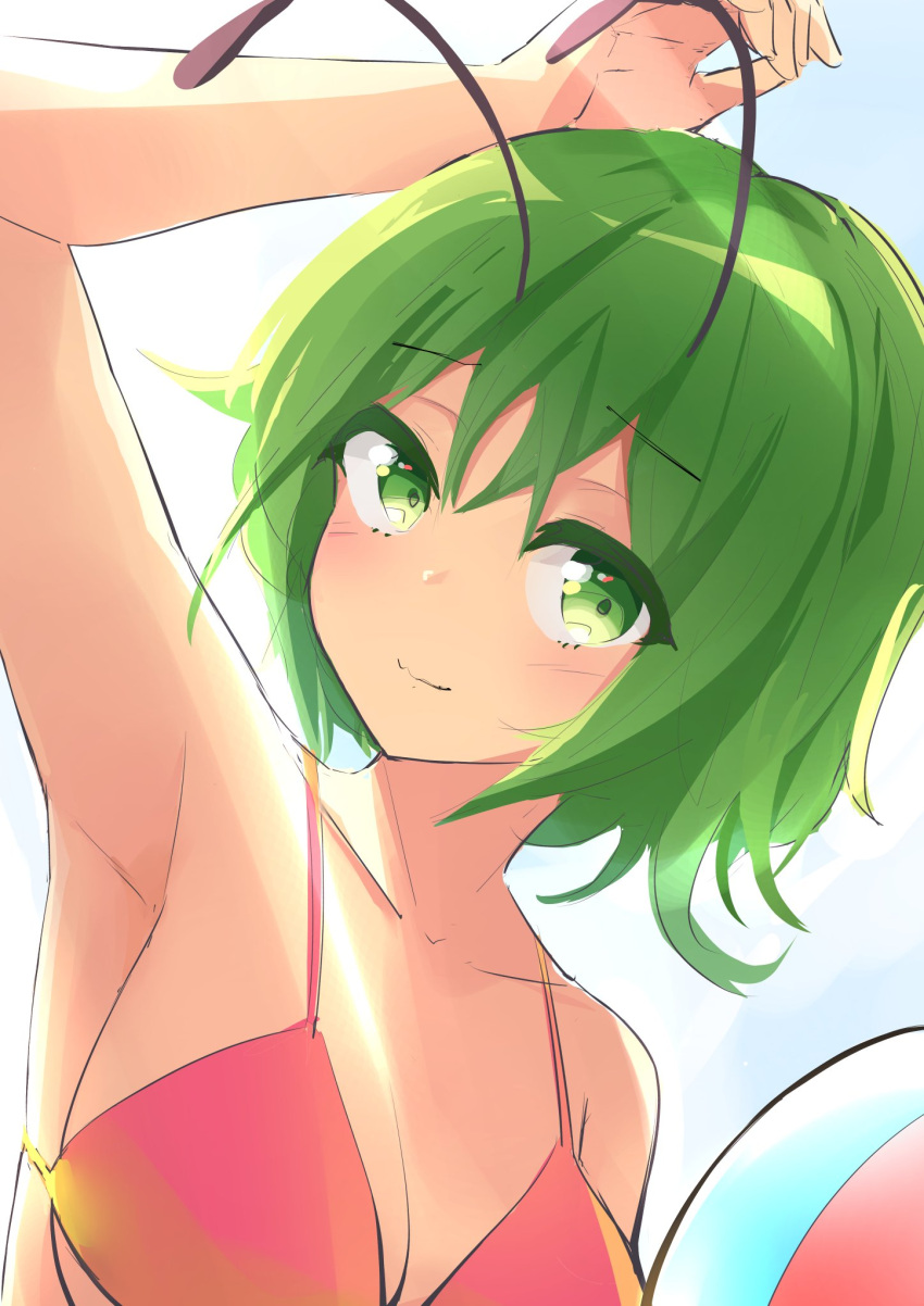 1girl adda antennae armpits bikini breasts cleavage closed_mouth green_eyes green_hair highres large_breasts looking_at_viewer one-hour_drawing_challenge red_bikini short_hair simple_background smile solo swimsuit touhou upper_body white_background wriggle_nightbug