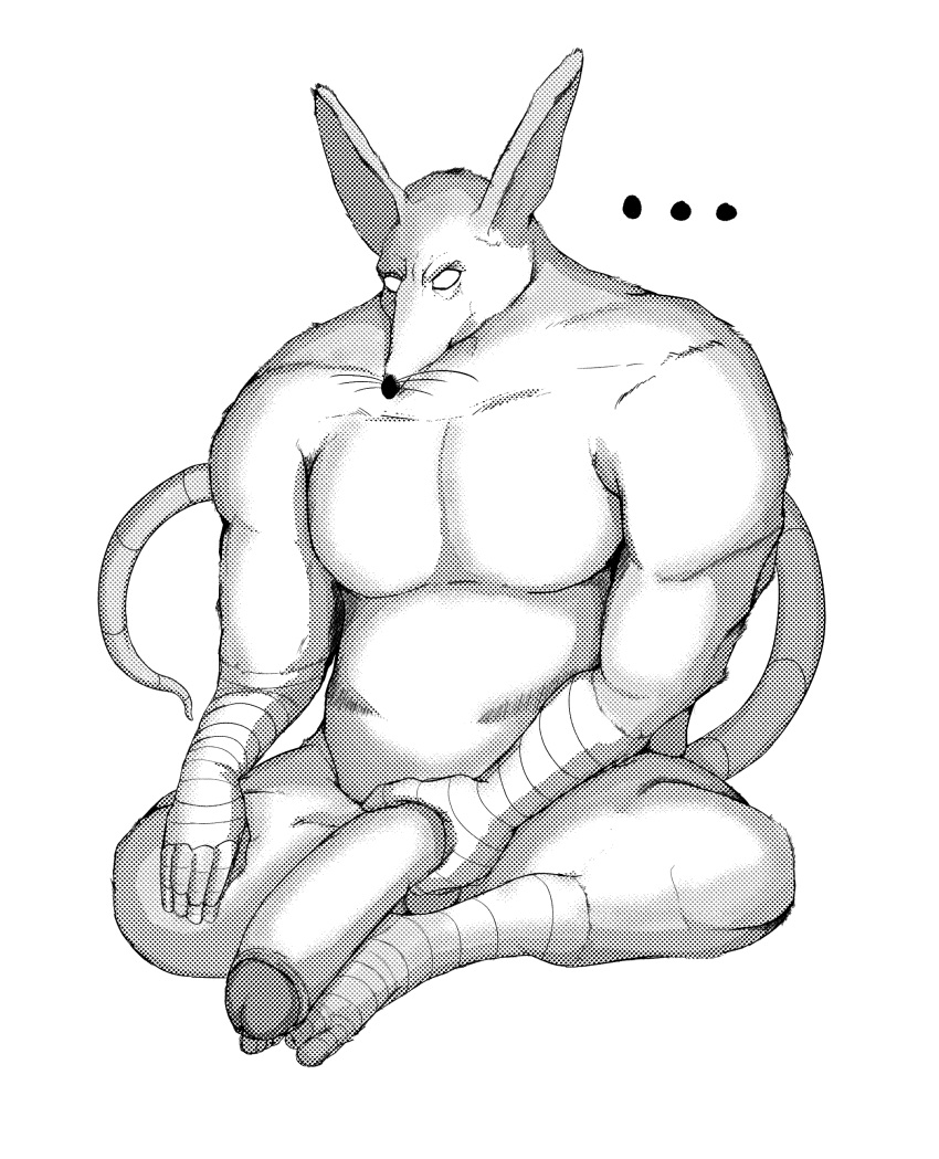 absurd_res anthro big_penis ellipsis genitals hi_res huge_penis hyper hyper_genitalia male mammal monochrome mouse mouse_tail murid murine muscular neutral_expression one-punch_man one_(manga) pecs penis penis_grab rat_tail rodent screentone sitting solo super_mouse wraps yazata