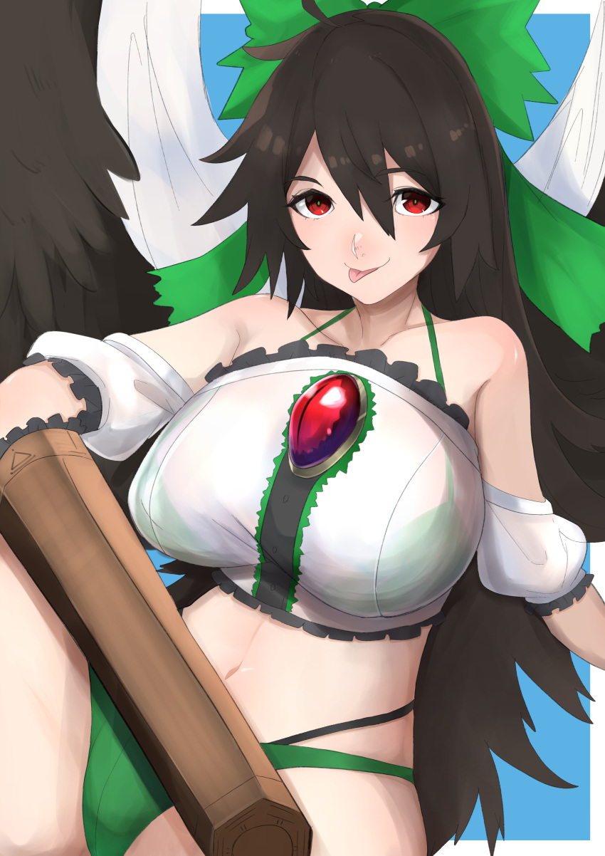 1girl absurdres adapted_costume arm_cannon bangs bikini bikini_under_clothes bird_wings black_hair black_wings blue_background blush bow breasts closed_mouth control_rod cowboy_shot frilled_tube_top frills green_bikini green_bow hair_between_eyes hair_bow highres huge_breasts long_hair looking_at_viewer navel red_eyes reiuji_utsuho smile solo strapless swimsuit third_eye tongue tongue_out touhou tube_top two-tone_background weapon white_background white_tube_top wings yassan_(miyasasukoaki728)