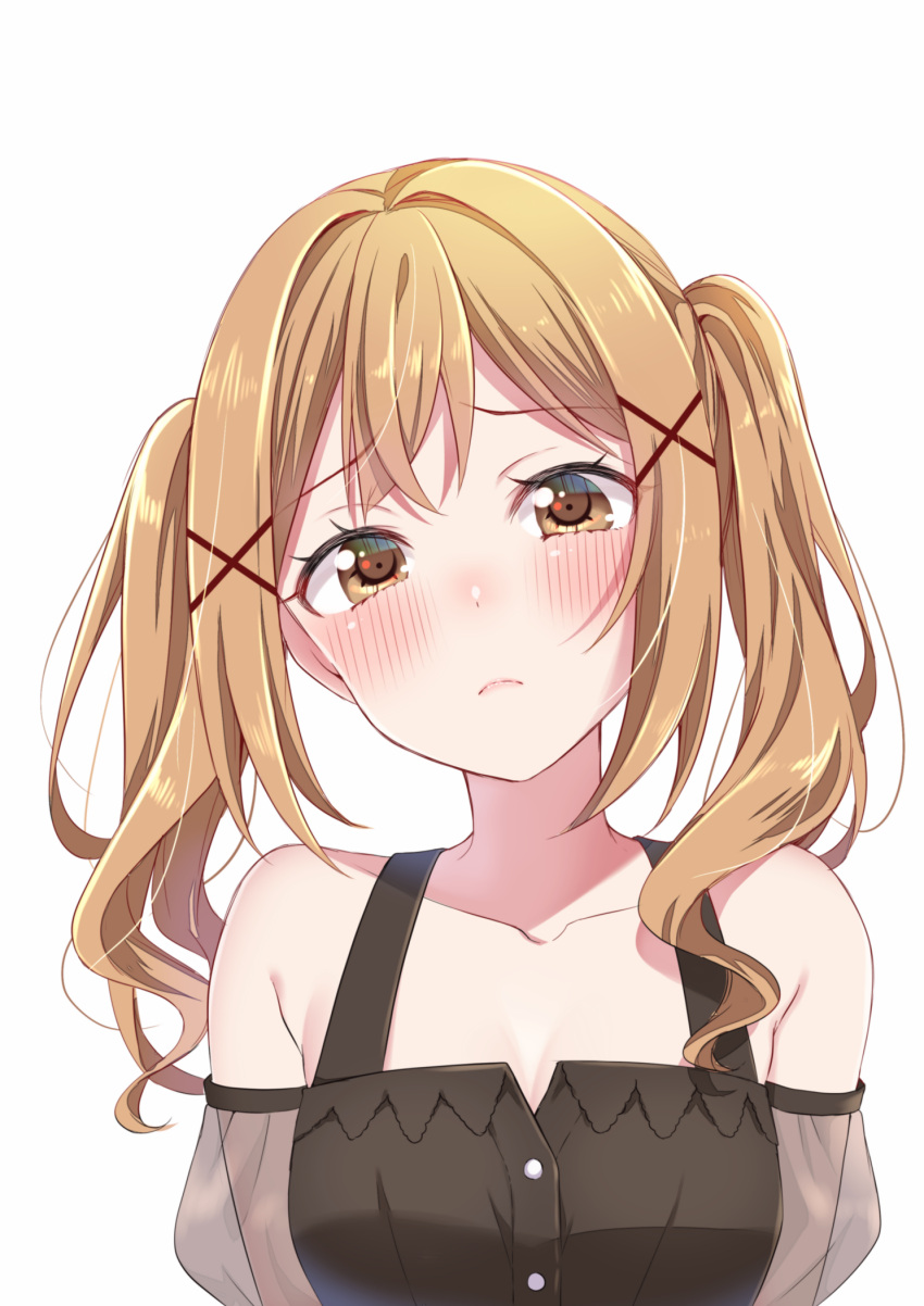 1girl bang_dream! bangs bare_shoulders black_shirt blonde_hair blush breasts buttons cleavage closed_mouth collarbone commentary_request crossed_bangs detached_sleeves hair_ornament head_tilt highres ichigaya_arisa long_hair looking_at_viewer medium_breasts raised_eyebrows see-through see-through_sleeves shirt simple_background sleeveless sleeveless_shirt solo tottoto_tomekichi twintails upper_body white_background x_hair_ornament yellow_eyes