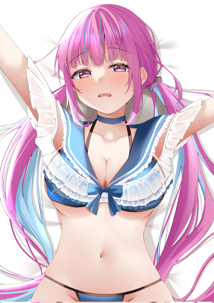 1girl arms_up bangs bikini blue_choker blue_hair blue_sailor_collar breasts choker cleavage frilled_bikini frills halterneck highres hololive large_breasts long_hair looking_at_viewer lying minato_aqua multicolored_hair navel on_back open_mouth pink_hair raised_eyebrows sailor_collar sidelocks skindentation solo stomach streaked_hair string_bikini swimsuit syunnkishi8687 tearing_up twintails two-tone_hair underboob virtual_youtuber wavy_mouth