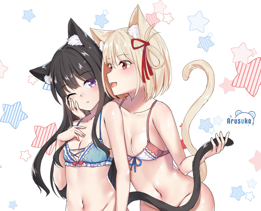 2girls animal_ear_fluff animal_ears artist_logo artist_name arusuko black_hair blonde_hair blue_bra bottomless bra breasts cat_ears cat_tail collarbone convenient_censoring hair_ribbon hand_on_another's_cheek hand_on_another's_face highres holding_another's_tail inoue_takina long_hair lycoris_recoil medium_breasts multiple_girls navel nishikigi_chisato one_eye_closed one_side_up open_mouth parted_lips pink_bra purple_eyes red_eyes red_ribbon ribbon shiny shiny_skin short_hair small_breasts star_(symbol) stomach tail tail_censor underwear underwear_only white_background yuri