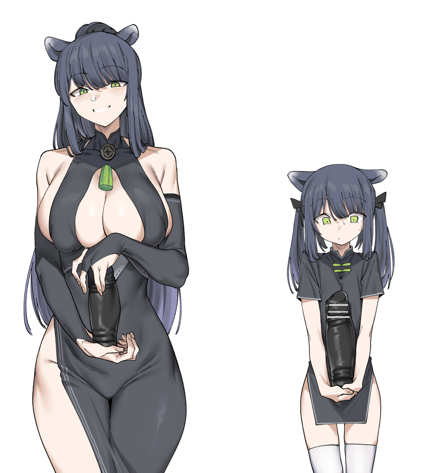 2girls absurdres animal_ears bar_censor bare_shoulders black_bow black_dress black_hair blue_archive bow breasts censored china_dress chinese_clothes commentary_request cropped_legs dildo dress dual_persona green_eyes grin groin hair_bow highres hip_vent holding holding_dildo huge_dildo large_breasts long_hair looking_at_object looking_at_viewer multiple_girls no_panties optical_illusion ponytail sex_toy shun_(blue_archive) shun_(small)_(blue_archive) sidelocks simple_background smile sweat tassel thighhighs tiger_ears twintails urec white_background white_thighhighs wide-eyed