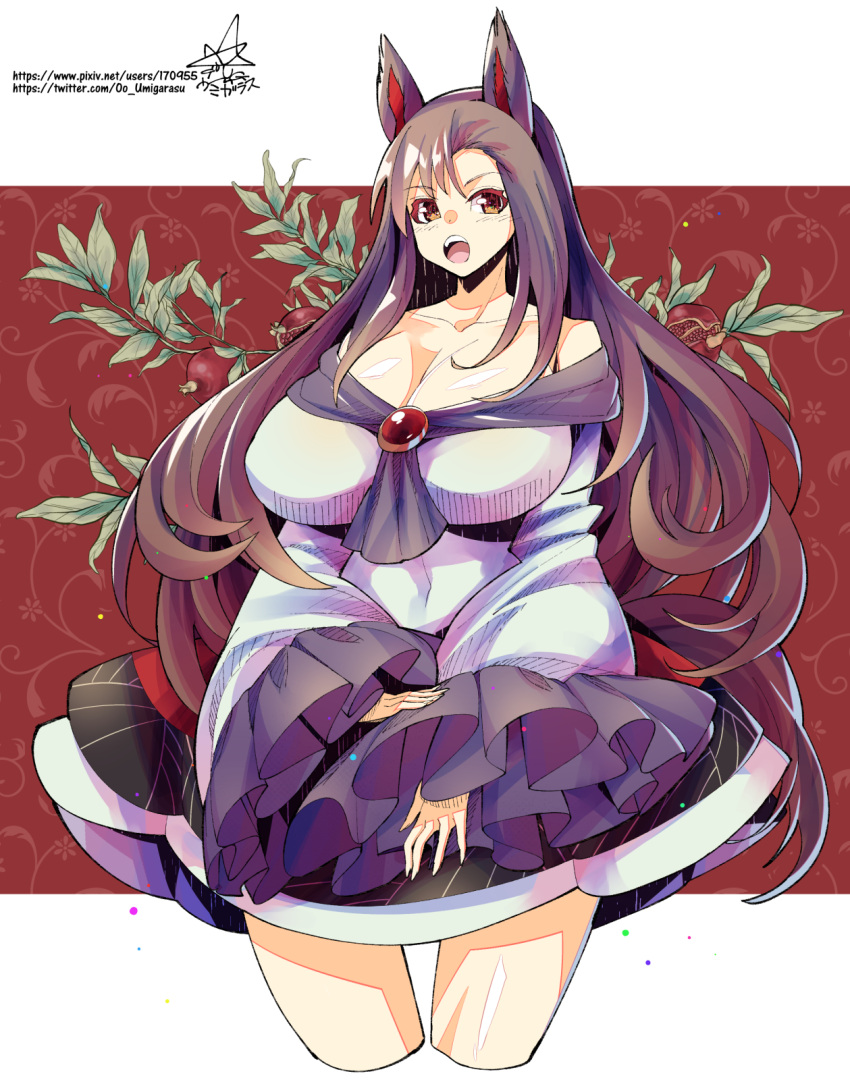 1girl animal_ears breasts brooch brown_hair dress highres imaizumi_kagerou jewelry large_breasts long_hair long_sleeves off-shoulder_dress off_shoulder red_eyes solo tail touhou umigarasu_(kitsune1963) white_dress wolf_ears wolf_girl wolf_tail