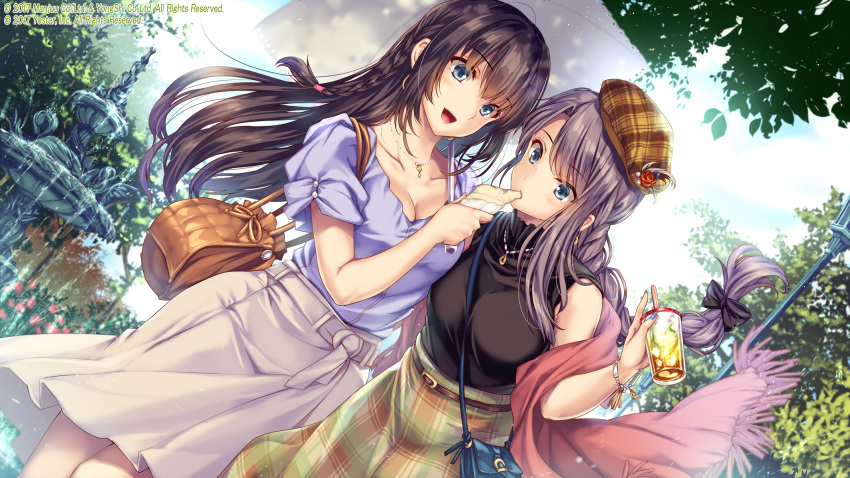 2girls :d azur_lane bangs bare_shoulders blue_sky blush breasts casual cleavage cloud collarbone commentary_request cowboy_shot curacoa_(azur_lane) curlew_(azur_lane) day dutch_angle hair_between_eyes highres looking_at_another moneti_(daifuku) multiple_girls official_art outdoors sidelocks sky smile standing watermark