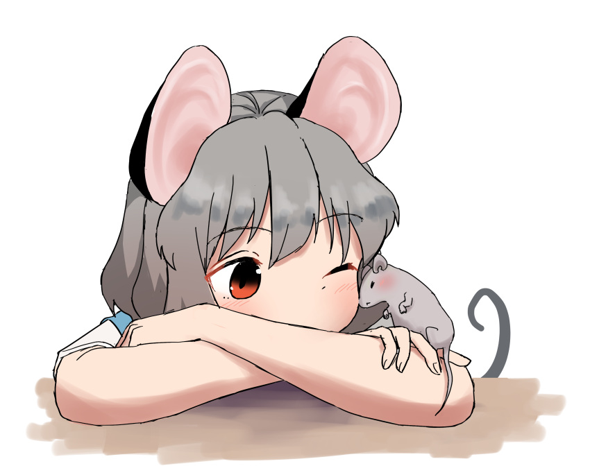 1girl absurdres animal_ears bangs blush commentary_request crossed_arms grey_hair highres kashiwa_kona looking_at_animal mouse mouse_ears mouse_girl mouse_tail nazrin one_eye_closed portrait red_eyes short_hair simple_background solo tail touhou white_background