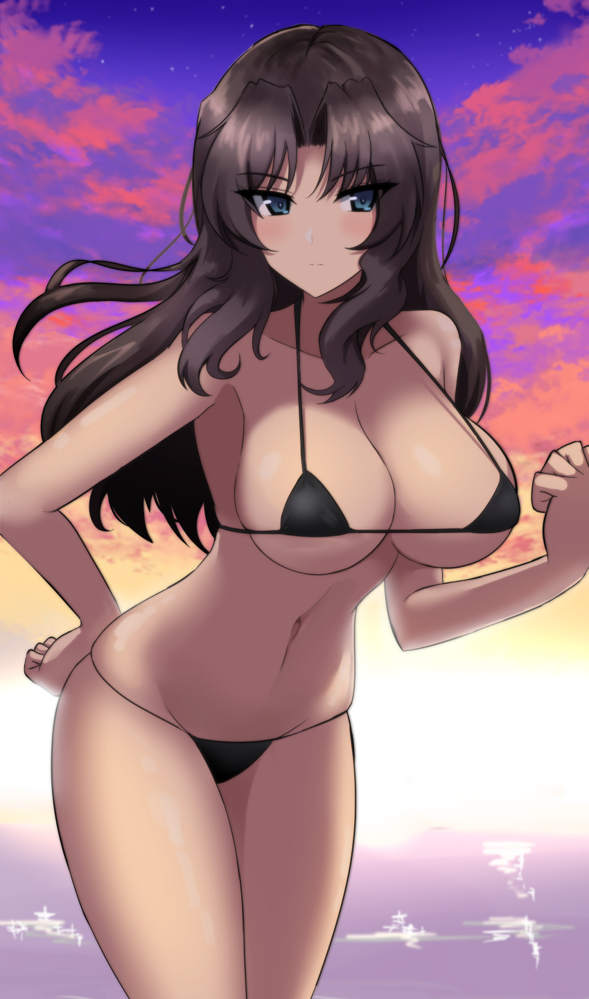 1girl absurdres aikir_(jml5160) bikini black_bikini blue_eyes breasts brown_hair clenched_hands closed_mouth cloud dark-skinned_female dark_skin el_(girls_und_panzer) expressionless girls_und_panzer hair_intakes hand_on_hip hand_up highres large_breasts leaning_forward long_hair navel ocean orange_sky outdoors skindentation sky solo stomach strap_gap string_bikini sunset swimsuit thighs