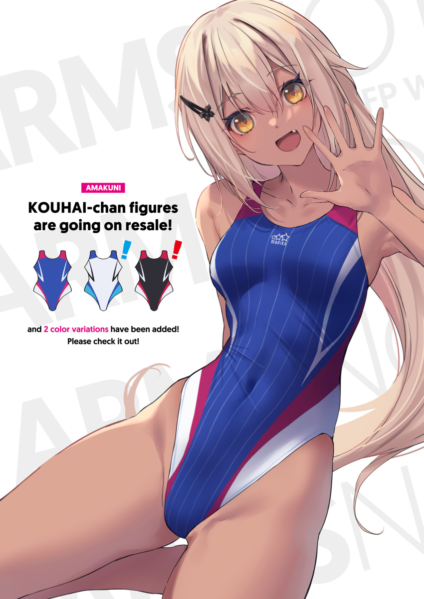 1girl arms_note blue_one-piece_swimsuit commentary_request covered_navel cowboy_shot fang fukai_ryosuke highleg highleg_swimsuit highres long_hair looking_at_viewer multicolored_clothes multicolored_swimsuit pink_hair smile solo swimming_club_kouhai_(fukai_ryousuke) swimsuit tan waving yellow_eyes