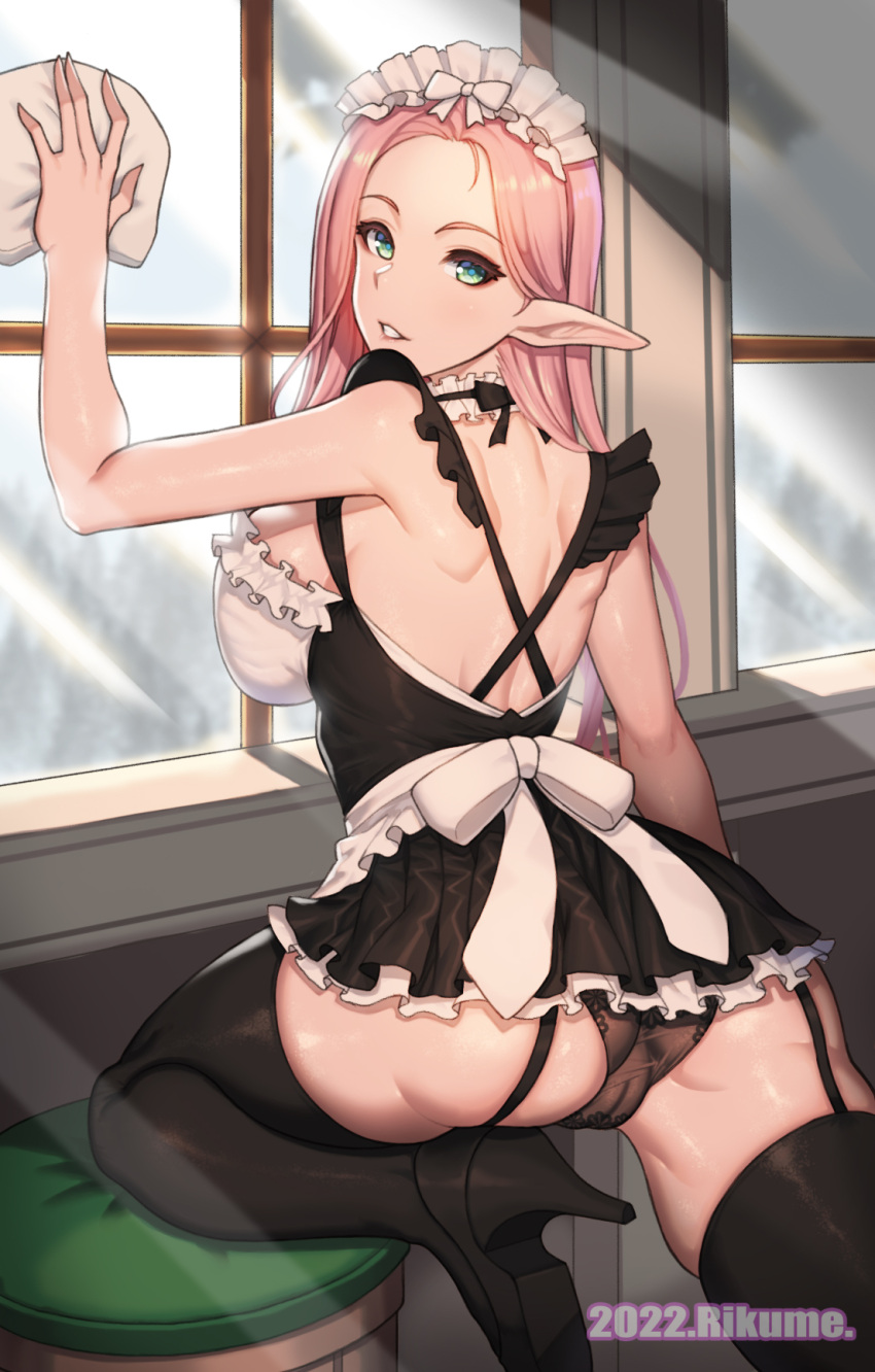 1girl \||/ artist_name ass back bare_arms bare_shoulders black_footwear black_skirt black_thighhighs breasts cameltoe detached_collar elf english_commentary forehead frilled_skirt frills garter_belt garter_straps green_eyes grin hair_behind_ear high_heels highres indoors large_breasts long_hair long_pointy_ears looking_at_viewer lost_ark maid maid_headdress microskirt one_knee pantyhose pink_hair pointy_ears rikume see-through shadow sideboob skirt smile solo standing standing_on_one_leg stool thick_thighs thighhighs thighs v-shaped_eyebrows window