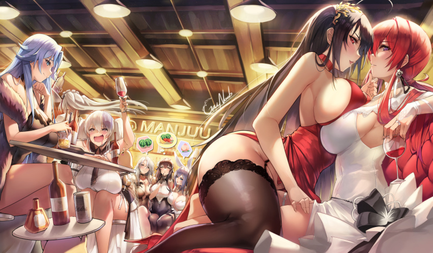 6+girls ahoge alcohol animal_ears arm_up asymmetrical_docking azuma_(azur_lane) azuma_(soft_voice_of_spring)_(azur_lane) azur_lane bangs bare_shoulders beer_can black_babydoll black_gloves black_hair black_neckerchief black_nightgown black_sailor_collar black_thighhighs blue_eyes blue_hair blush bottle breast_press breasts bridal_gauntlets can champagne champagne_flute character_request china_dress chinese_clothes choker cleavage closed_mouth cocktail_dress couch crossed_legs cup dress drinking_glass drunk earrings english_commentary evening_gown fake_animal_ears feather_boa feather_dress floating_hair flower food formidable_(azur_lane) formidable_(timeless_classics)_(azur_lane) fruit gainoob gloves grey_hair hair_between_eyes hair_flower hair_intakes hair_ornament half_gloves hand_on_another's_chin holding holding_cup huge_breasts imagining indoors jewelry kanzashi large_breasts long_hair looking_at_viewer maid maid_headdress manjuu_(azur_lane) monarch_(azur_lane) monarch_(white_warrick)_(azur_lane) multiple_girls neckerchief new_jersey_(azur_lane) new_jersey_(snow-white_ceremony)_(azur_lane) nightgown official_alternate_costume on_couch one_side_up open_mouth parted_bangs parted_lips peach purple_eyes rabbit_ears red_choker red_dress red_eyes red_hair sailor_collar sideboob sidelocks sitting sleeveless sleeveless_dress smile sovetskaya_belorussiya_(azur_lane) sovetskaya_belorussiya_(relaxation_stratagem)_(azur_lane) speech_bubble spoken_food standing taihou_(azur_lane) taihou_(forbidden_feast)_(azur_lane) thighhighs thought_bubble trembling twintails two-tone_dress very_long_hair watermelon wedding_dress white_dress white_flower white_hair yellow_eyes yuri